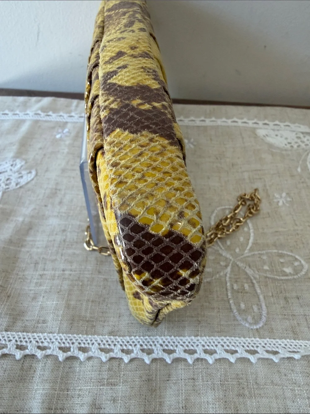 Antonio Melani Yellow/Brown Snakeskin Embossed Pleated Clutch/Shoulder Bag